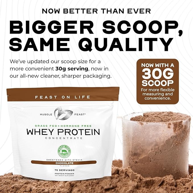 Muscle Feast Grass-Fed Whey Protein Concentrate Powder, All Natural, Hormone Free Pasture Raised Whey Protein Powder for Women & Men, Clean, Non-GMO & Gluten Free Whey Concentrate - Unflavored, 2lb