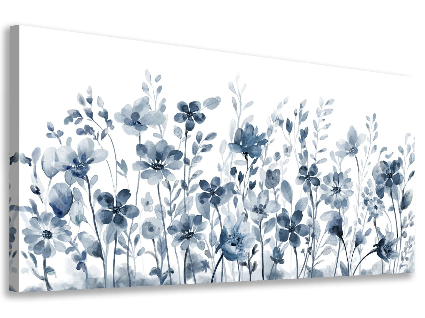 Large Flowers Wall Art for Living Room Decor Framed Art Indigo Wildflower Canvas Pictures Abstract Artwork Navy Blue Floral Canvas Prints for Bedroom Kitchen Home Office Wall Decor 24" x 48"