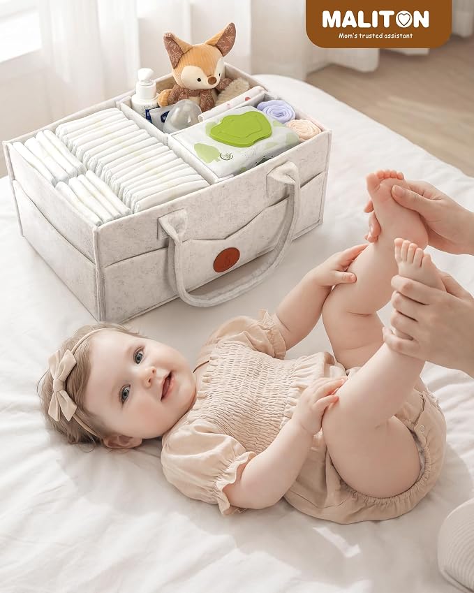 Maliton Diaper Caddy Organizer, Car Organizer with Handle, Felt Diaper Caddy for Baby Nursery Storage, Changing Table Organizer for Baby Stuff, 16" x 10" x 7" Baby Shower Gifts for Newborn (White)