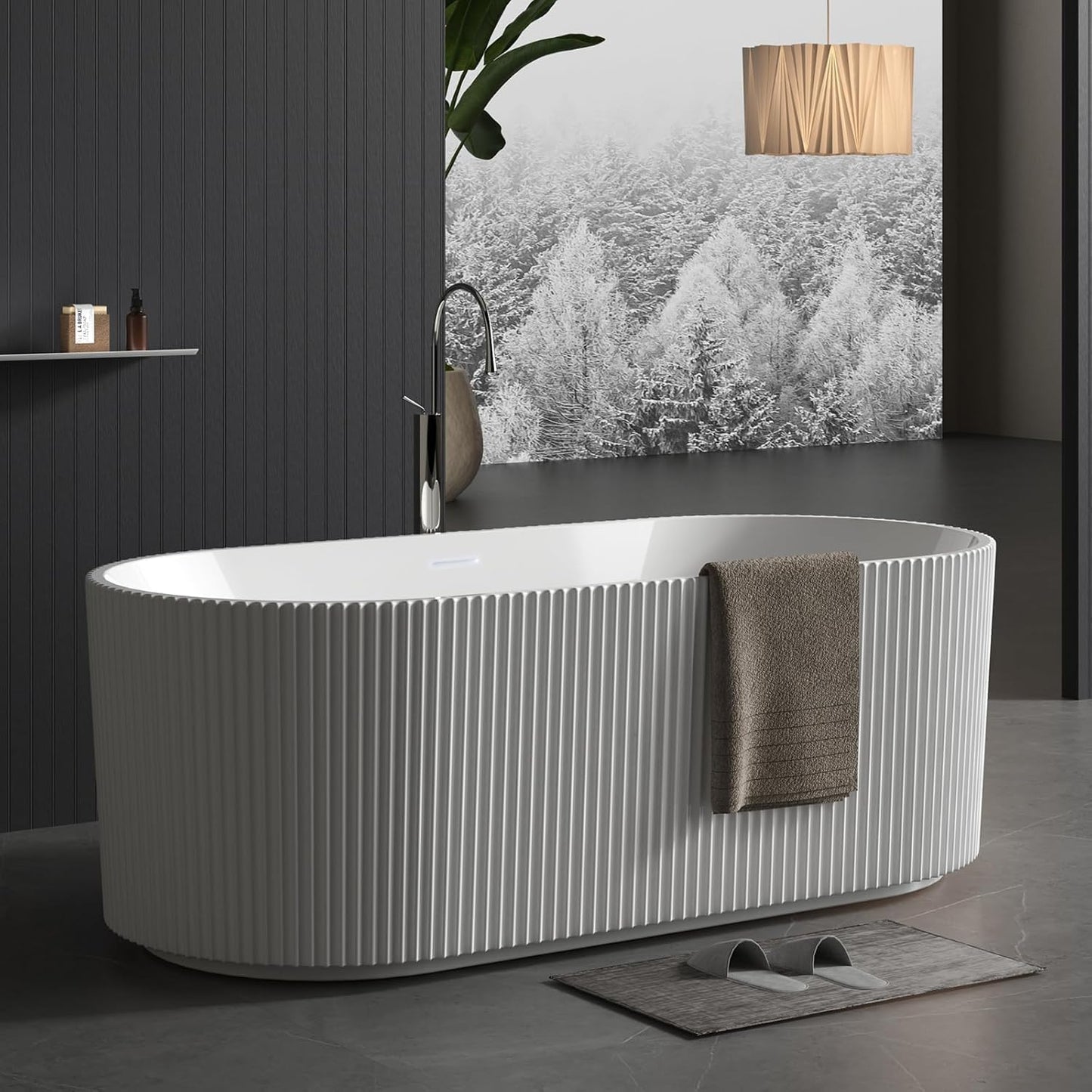 59" Free Standing Tub, Acrylic Soaking Bathtub, Stand Alone Freestanding Tub with Matte Sliver Drain and Overflow, Contemporary Bathtub for Bathroom, Pleated Gloss White