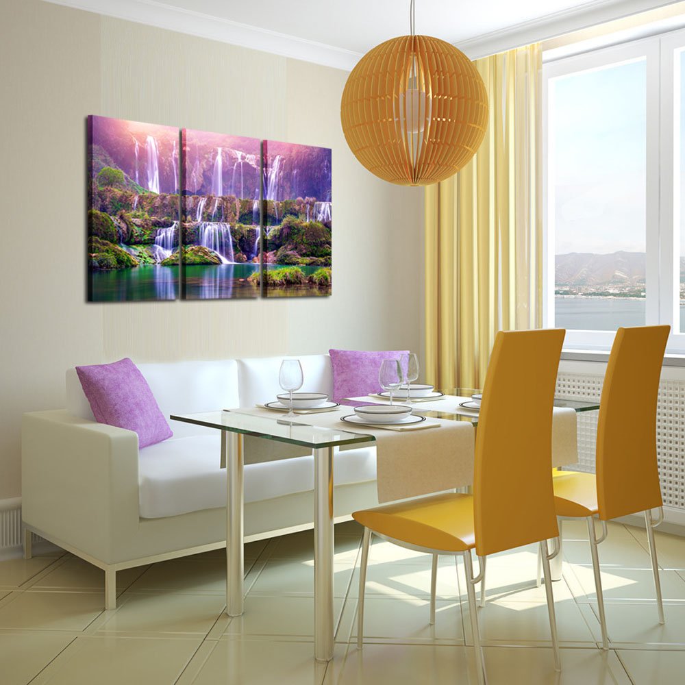 KREATIVE ARTS Large Size 3 Pieces Peaceful Dreamlike Waterfall Canvas Wall Art Purple Landscape Picture Artwork Modern Nature Painting Hotel Bedroom Interior Home Decor 16x32inchx3pcs