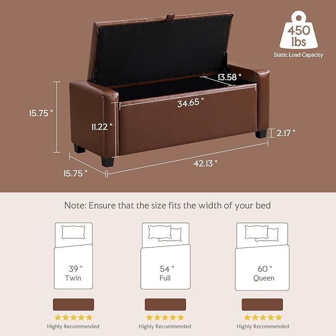 GRAINELL Storage Ottoman Bench, Upholstered Tufted Bedroom Bench with Storage, End of Bed Storage Bench for Living Room & Entryway, 350 lb Capacity, Leather Brown