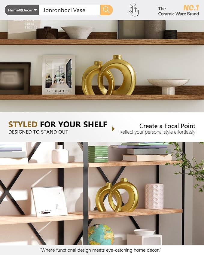 Set of 2 Gold Ceramic Vases for Home Decor Accents - Unique Hollow Donut Artistic Design Modern Art Deco Luxury Style Decorative Vases for Shelf, Mantel, Entryway Table Decor (Matte Gold)