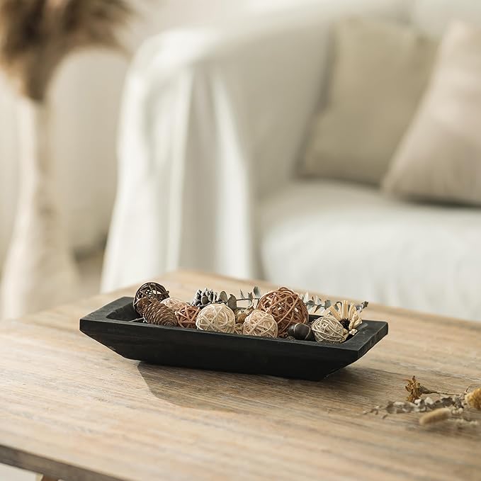 Hanobe Decorative Wood Dough Bowl: Long Wooden Bowl for Entry Way Table Home Decor - Coffee Table Decor for Living Room - Dining Table Centerpiece Decor, Black
