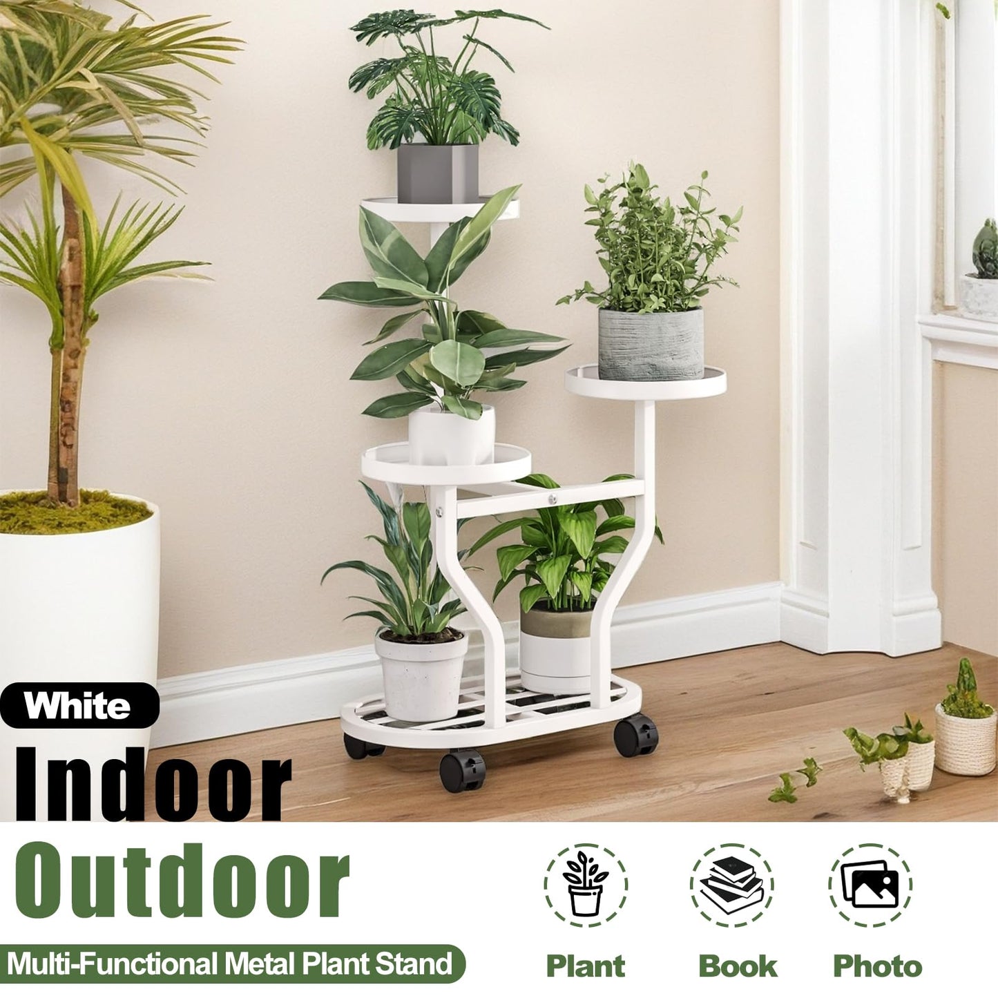 YIZAIJIA Plant Stand with Wheels 3 Tier Metal Plant Holder Corner Flower Shelf for Multiple Plants Display Rack for Bedroom Living Room Balcony Garden White (White, 3 Tier)