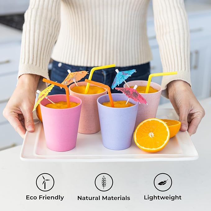 Grow Forward Premium Plastic Kids Cups - 13 oz Unbreakable Wheat Straw Cups for Kids - Non Toxic BPA Free Drinking Glasses for Water, Smoothie - Small Dishwasher Safe Kitchen Tumblers - Floral