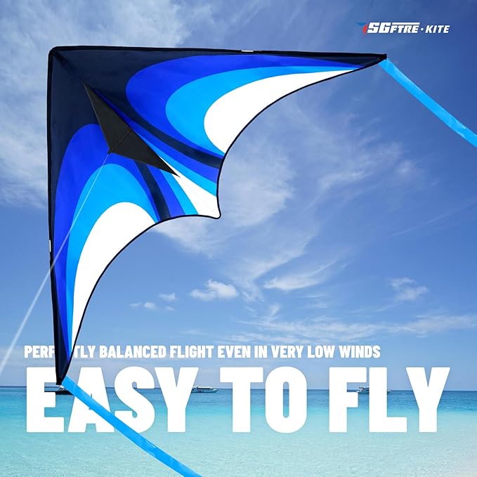 Blue Delta Kite Easy to Fly,Beach Trip Outdoor Games Single Line String with Tail,Easy Flying Colorful Life 3D Delta Huge Kite for Kid and Adult