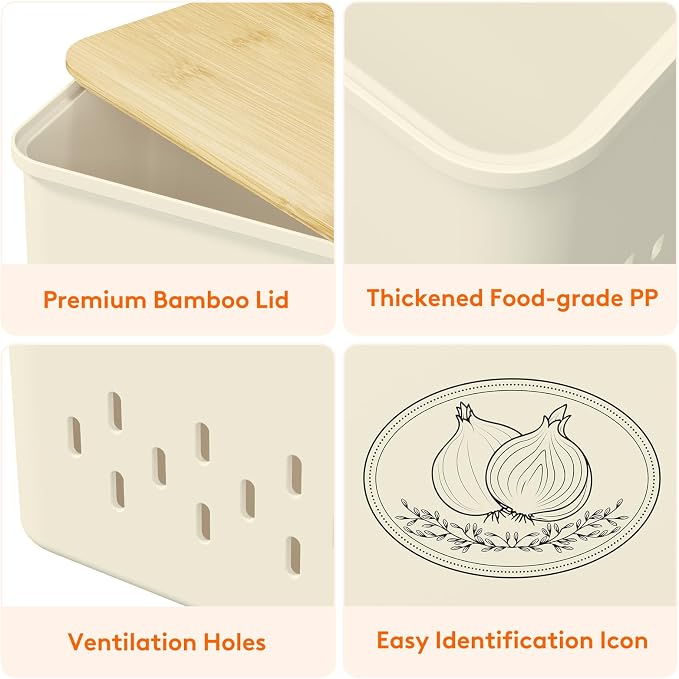 Lifewit Onion and Potato Storage Bin with Aerating Holes and Lid, Stackable Garlic Keeper, Plastic Vegetable Container Box for Kitchen, Beige, Set of 3