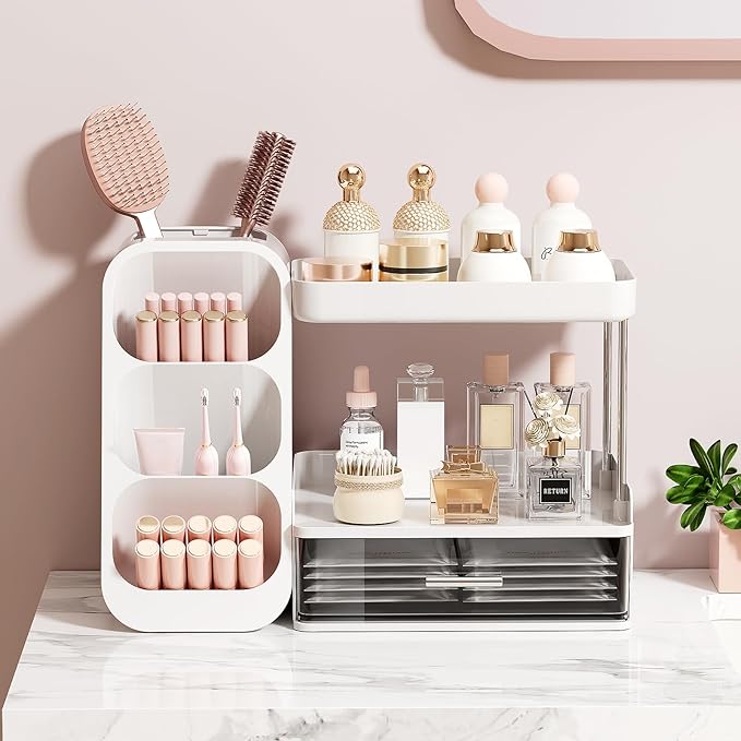 UFORU Makeup Organizer for Vanity with Brush Holder, 2 Tiers Countertop Skincare, Cologne Organizer and Perfume Stand for Bathroom Vanity, Large Capacity Makeup Storage, White