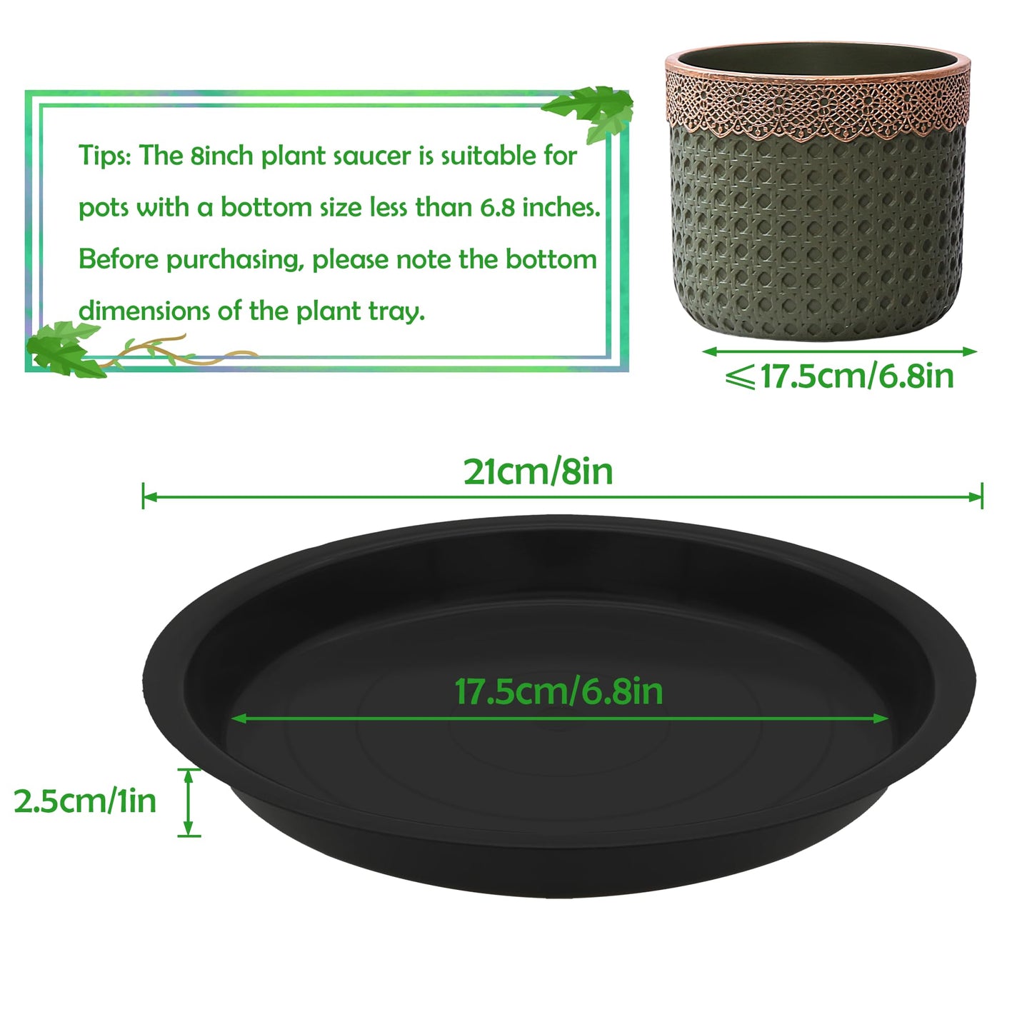 TNTIWQ 12 Pack 8 Inch Round Plant Saucers for Less 6.8 Inch Pot Indoors Outdoors Plant Trays for Pots Planter Saucer Plastic Plant Drip Tray Planter Water Tray for Potted Plants (Black, 8"(12pcs))