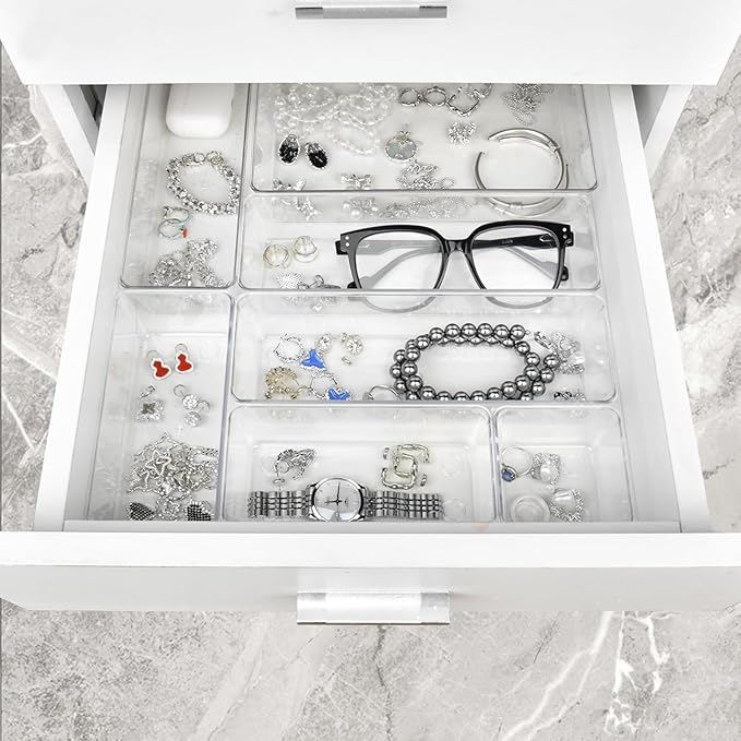Manalete Drawer Organizers Set of 65, 4 Sizes Clear Plastic Drawer Organizers and Storage Bins for Kitchen, Bathroom, Office, Dresser Desk Drawer Organizer Tray for Jewelry, Makeup, Junk, Gadgets