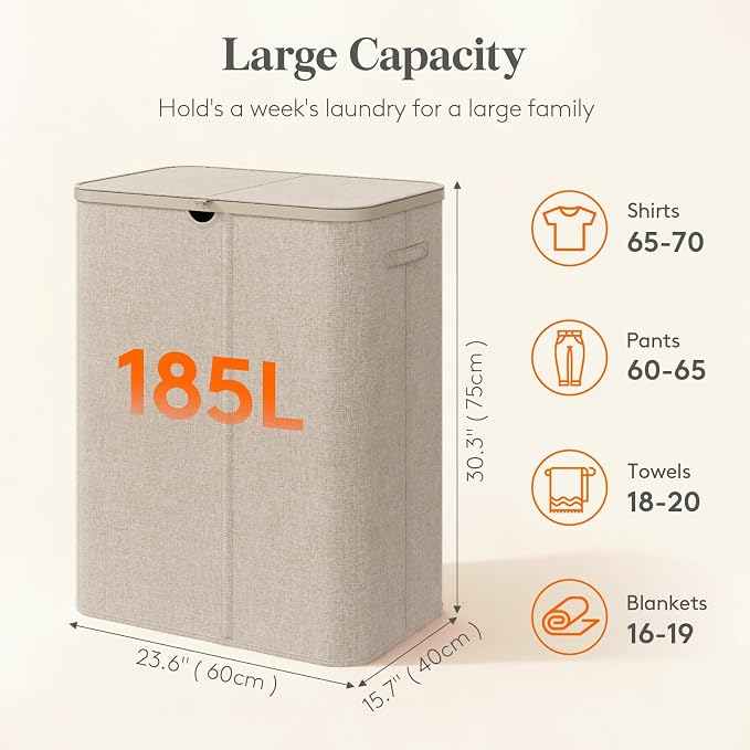 Lifewit 185L 3 Section Laundry Hamper with Lid, Large Laundry Basket with Handles and Removable Bags, Tall Clothes Hamper, Foldable Laundry Sorter for Bedroom Bathroom, Beige