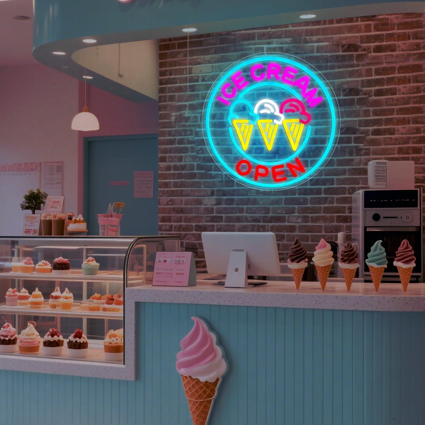 Ice Cream Open Neon Sign for Wall Decor, Gelato Open Logo LED Light Sign USB Powered Dimmable Neon Signs for Business Restaurant Bar Girls Bedroom Coffee Ice Cream Shop 13.2"×13.2"