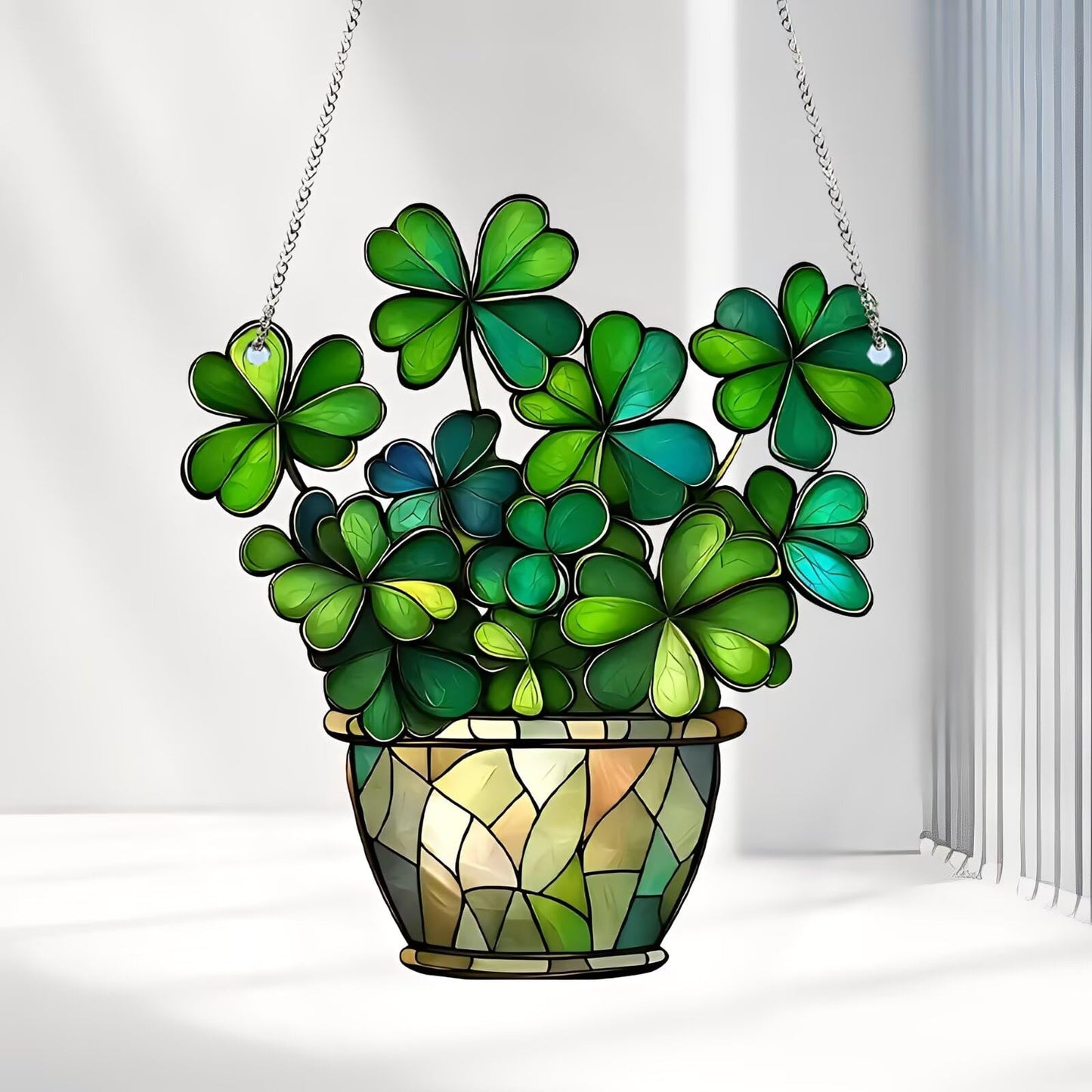 1PC Shamrock in Pot Acrylic Suncatcher Hanging, 7.08 inch Window Decor with Printed Stained Glass Style Design, Rainbow Maker Wall Art, Gift Idea & Garden Ornament Indoor Outdoor Use/ZW-02
