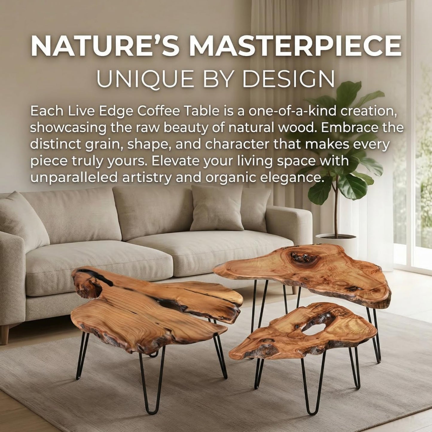 Nalvyue Natural Wood Coffee Table, Live Edge Coffee Table for Living Room, Unique Desktop