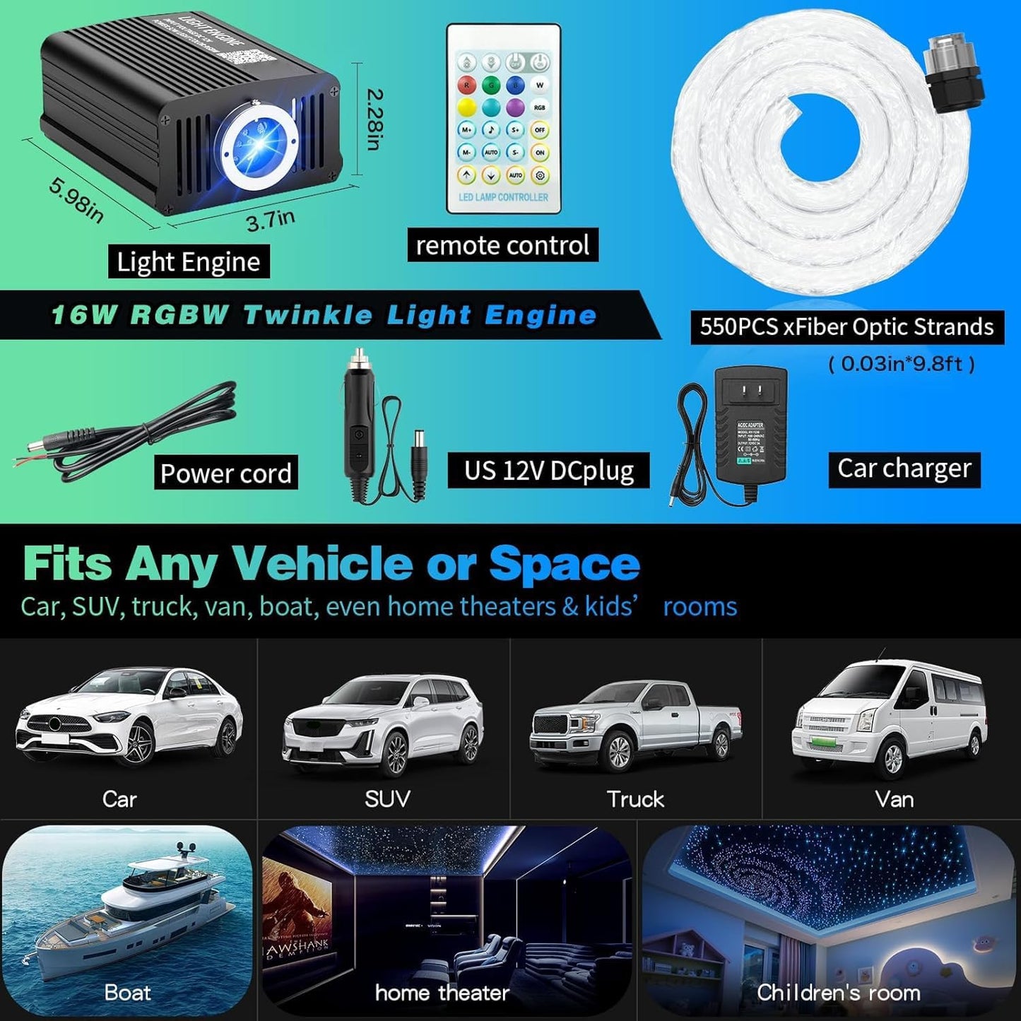 Starlight Headliner Kit 550 Piece Twinkle 0.03in*9.8ft/0.75mm*3m, 16W Starlight Headliner Music/Voice Activated Star Lights for Car, VASTFIRE RGBW Starlights for Theater Game Bed Room Ceiling