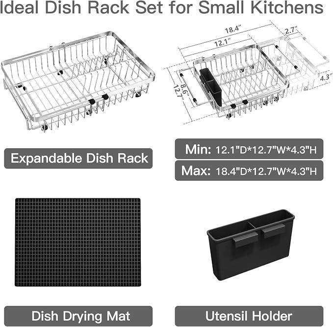 MAJALiS Dish Drying Rack Over The Sink with Utensil Holder, Mat | Expandable Stainless Steel Dish Drainer for Small Kitchen, Apartment, RV, Counter Space Saving, Perfect Fit, Rustproof