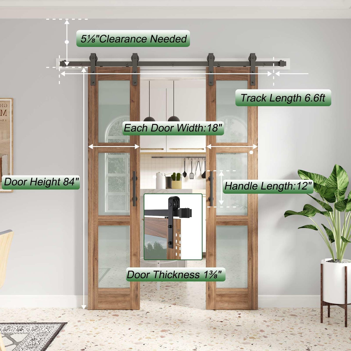 FREDBECK Double 18 x 84 inch Glass Barn Doors 36inch Barn Door with 6.6FT Hardware Kit & Handle Included,3-Panel Frosted Glass,LVL Wood Panel,Water-Proof PVC Surface,Pre-Drilled Holes,Need Assembly