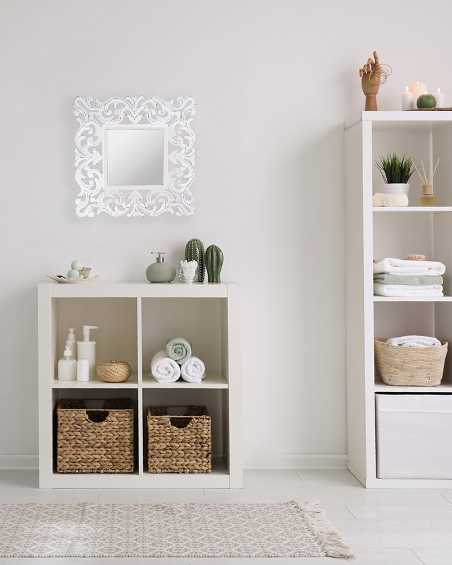 Lightnpro Hand Carved Farmhouse Wall Mirror - 18 Inch Square Antique White Wooden Frame, Rustic Decorative Mirror for Bathroom, Living Room, Bedroom & Entryway Décor