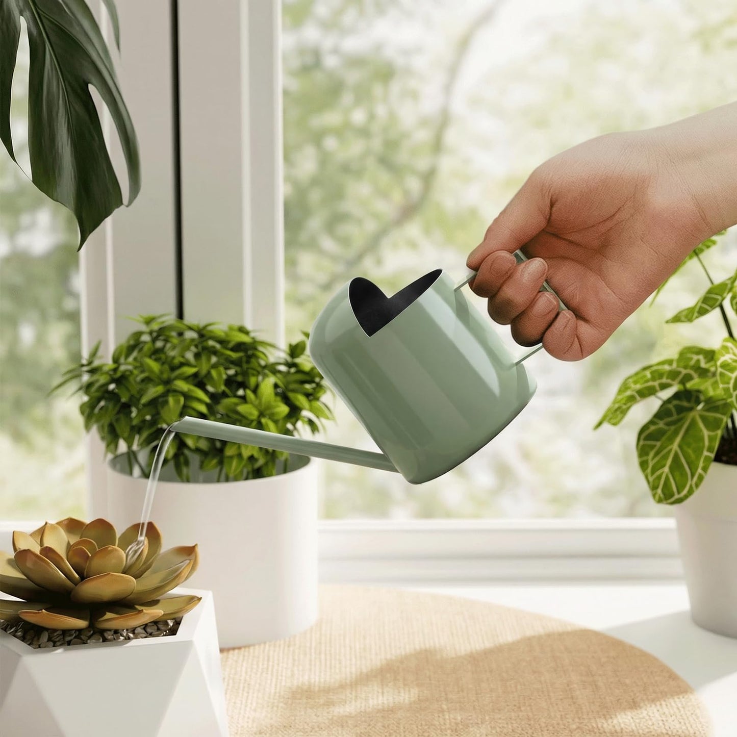 Bamworld Small Watering Can Indoor Outdoor Plant Metal Stainless Steel Long Spoutt Flowers Watering Cans for House Garden Plants 10OZ Watering Bottle Cute Stylish Gardening Decoration(Avocado Green)