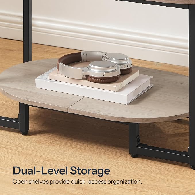 HOOBRO Coffee Table for Living Room, Oval Small Coffee Table with 2-Tier Open Storage Shelf, Industrial Cocktail Tea Table, Wooden Desktop Center Table, Farmhouse, Home Office, Greige BG09KF01