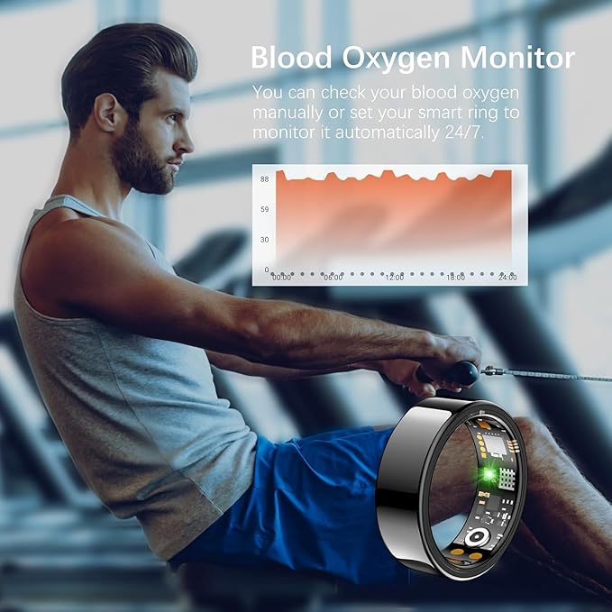 Ring Health Tracker for Women Men, Fit Ring with Heart Rate, Blood Oxygen, Sleep Monitor, Calories, Step Counter, IP68 Waterproof Smart Ring for iPhone & Android, No Subscription Fee (Black, 12#)
