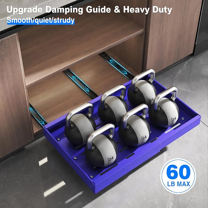 Mustorn 2 Pack Pull Out Cabinet Organizer, Expandable Slide Out Drawers for Kitchen Cabinets Peel and Stick Pullout Drawer Heavy Duty Sliding Shelves for Cupboard, Pantry, Bathroom(16.5" Deep, Blue)