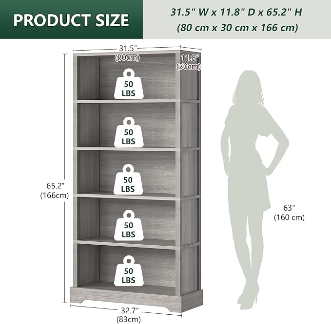 TVU 5-Tier Wooden Bookshelf, 65" Tall Farmhouse Style Open Bookcase, 31.5" W Standing Book Shelf with Storage, Suitable for Study, Living Room, Office, Grey