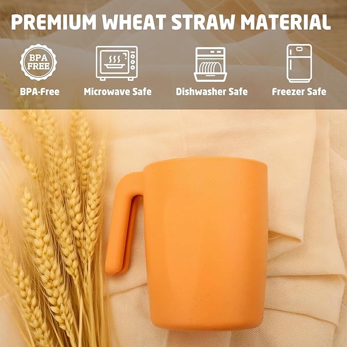 Wheat Straw Coffee Mugs Set of 6, Drinking Cups16 OZ, Microwave & Dishwahser Safe Plastic Cups with Handles, Unbreakable & Stacking Water Cups for Camping, Kitchen, RV, Drinking glasses - Multicolor
