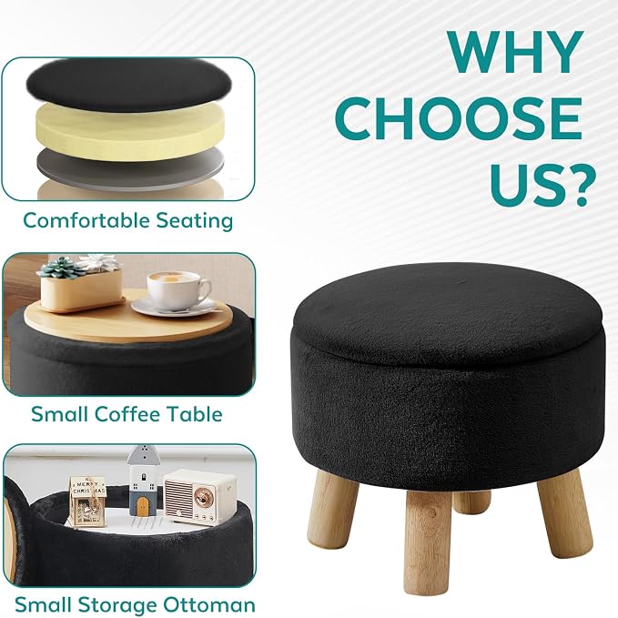 Small Foot Stool Ottoman with Storage, Soft Faux Fur Ottoman Foot Rest for Couch, Round Footstool with Storage, Small Ottomans and Footstools for Living Room and Entryway (Black)