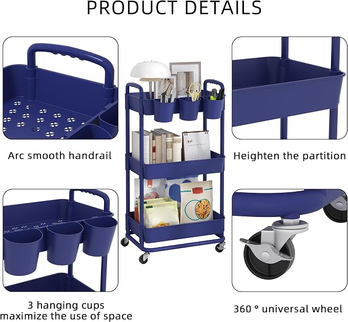JIUYOTREE 3-Tier Plastic Rolling Storage Cart Utility Cart with Extra Hanging Cups Handles Lockable Wheels for Living Room Bathroom Kitchen Office Blue