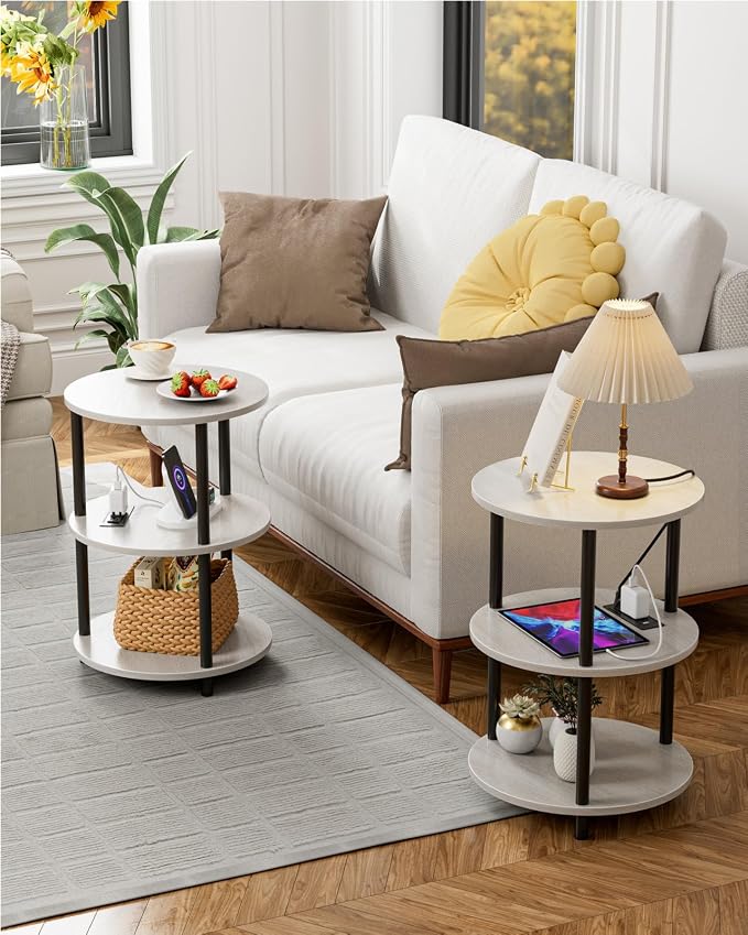 XBurmo Small Round End Table - 3 Tier Design Accent Table, Narrow Side or Bedside Stand, Industrial Vintage Table for Small Spaces, Built-in USB Ports and Power Outlet, Greige