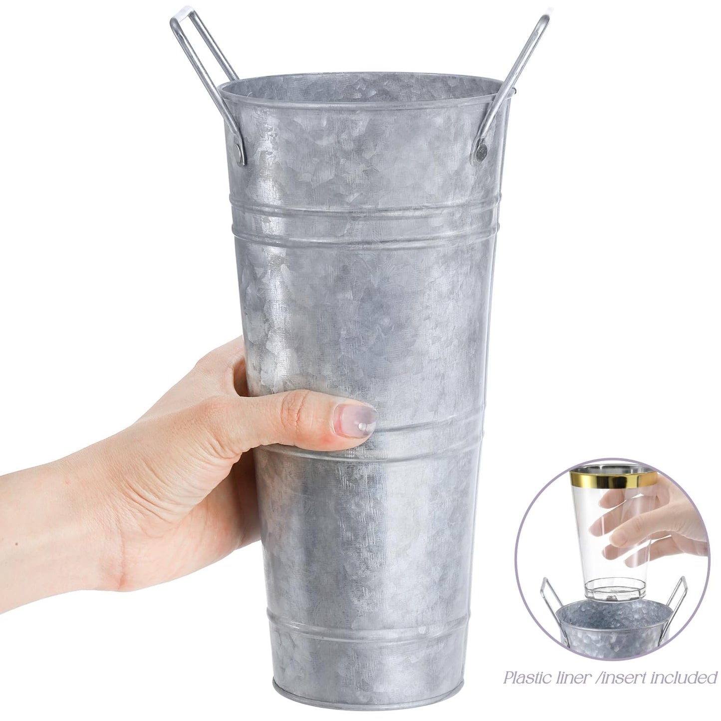 ZOOFOX Set of 4 Galvanized Metal Vases, 9" Farmhouse French Bucket with Handles, Rustic Style Metal Flower Holder for Home and Wedding Table Centerpiece Decor, with Plastic Liner/Insert Included