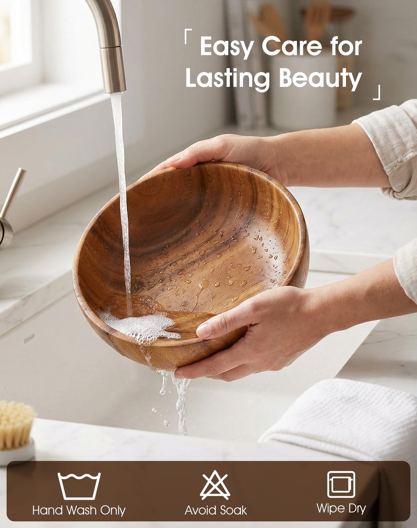 GleeNflux Acacia Wood Salad Bowl Set, 3-Piece Natural Solid Wood Serving Bowls, Handcrafted & Hand-Polished, Wooden Salad Bowls for Kitchen & Dining for Pasta, Yogurt, Fruit, Snacks & Gift Giving