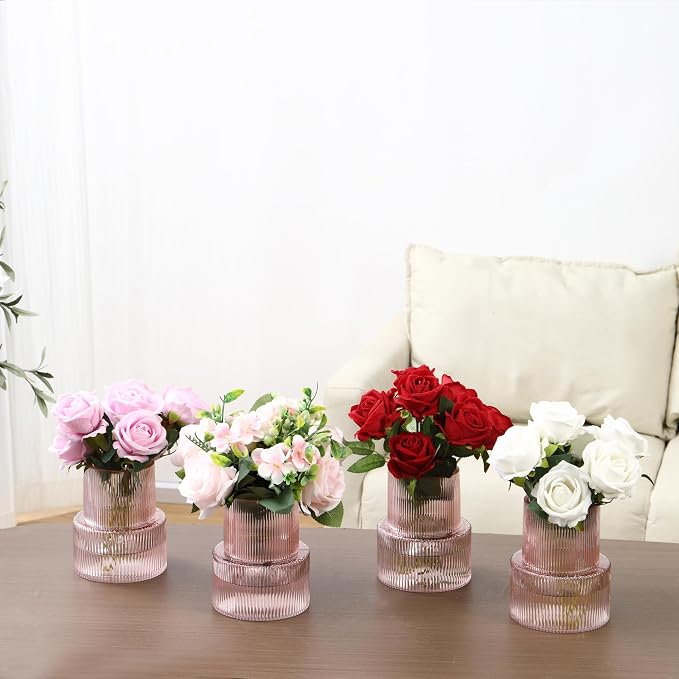 Ribbed Glass Vases, Set of 4 Small Vases for Flowers, Pink Glass Vase for Tulips, Modern Vase for Living Room, Kitchen, Office, Entryway, Bookshelf, Wedding Gifts, Birthday, 6 Inches