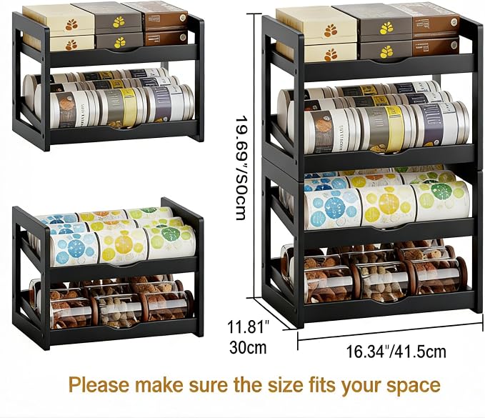 BAMBANG Can Organizer for Pantry, Detachable Bamboo 4 Tier Stackable Can Food Storage Rack, Rolling Soda Can Dispenser Can Holders for Cabinet, Holds Up to 48 Cans, Black