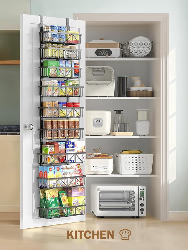 Delamu Adjustable Over the Door Pantry Organizer, 9-Tier Metal Pantry Organization and Storage for Kitchen, Hanging Spice Rack Seasoning Shelves, Cabinet Door Organizer for Easy Install, 16" Black