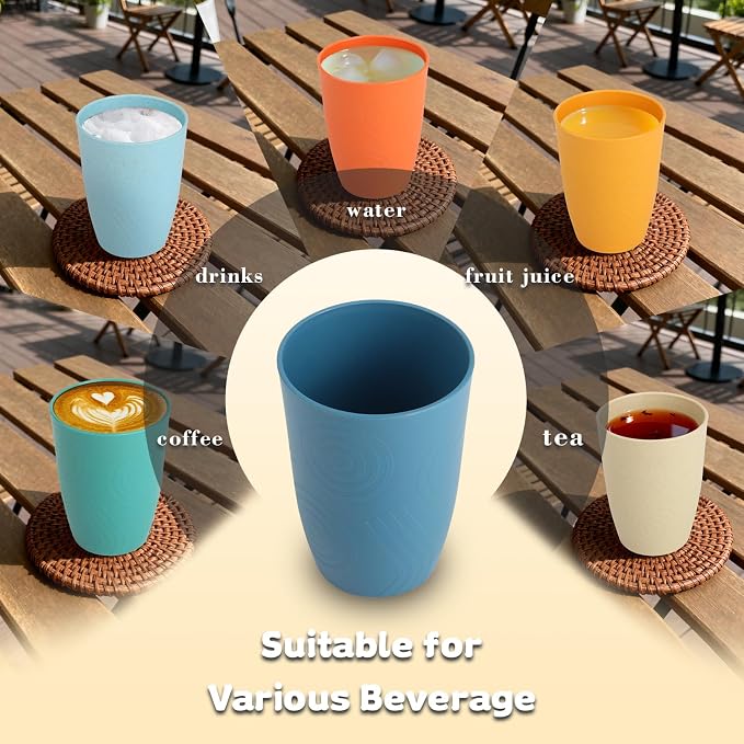 SINOGE Premium Wheat Straw Cups Unbreakable Drinking Glasses | Set of 6 | Alternative to Plastic Cups Reusable Water Glasses Dishwasher and Microwave Safe Drinking Cups 12 oz - MultiColor