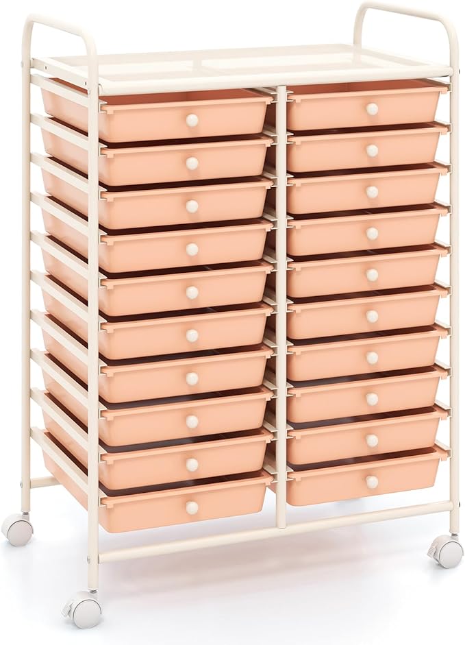 COSTWAY 20-Drawer Rolling Storage Cart, Utility Storage Organizer Cart for Tools, Scrapbook, Paper, Craft, Multipurpose Storage Trolley on Wheels for Home Office School, Peach