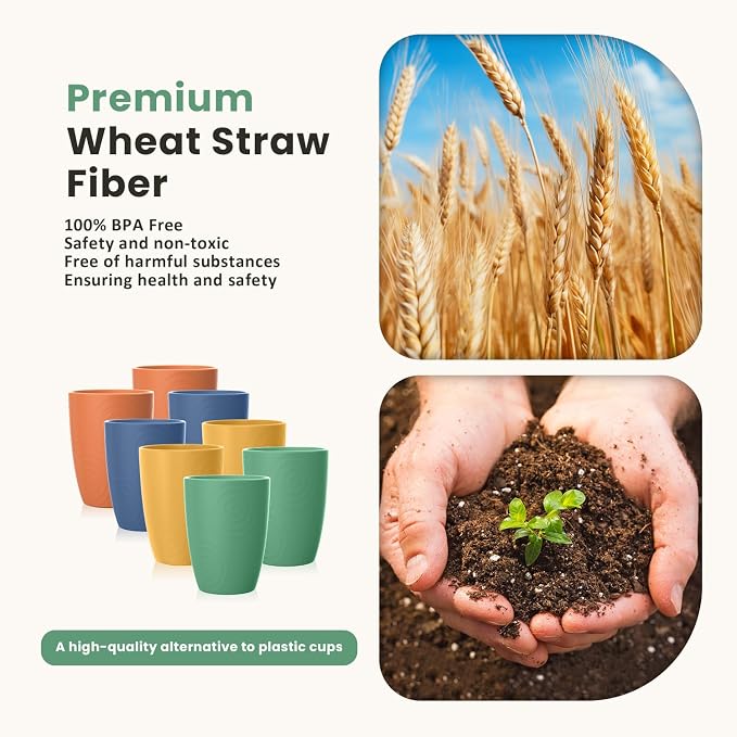 Homienly Wheat Straw Cups, Premium Alternative to Plastic Cup Set of 8, Unbreakable Lightweight Drinking Cups for Kitchen, Outdoor, RV, Microwave and Dishwasher Safe Drinking Glasses(12 OZ, Multi)