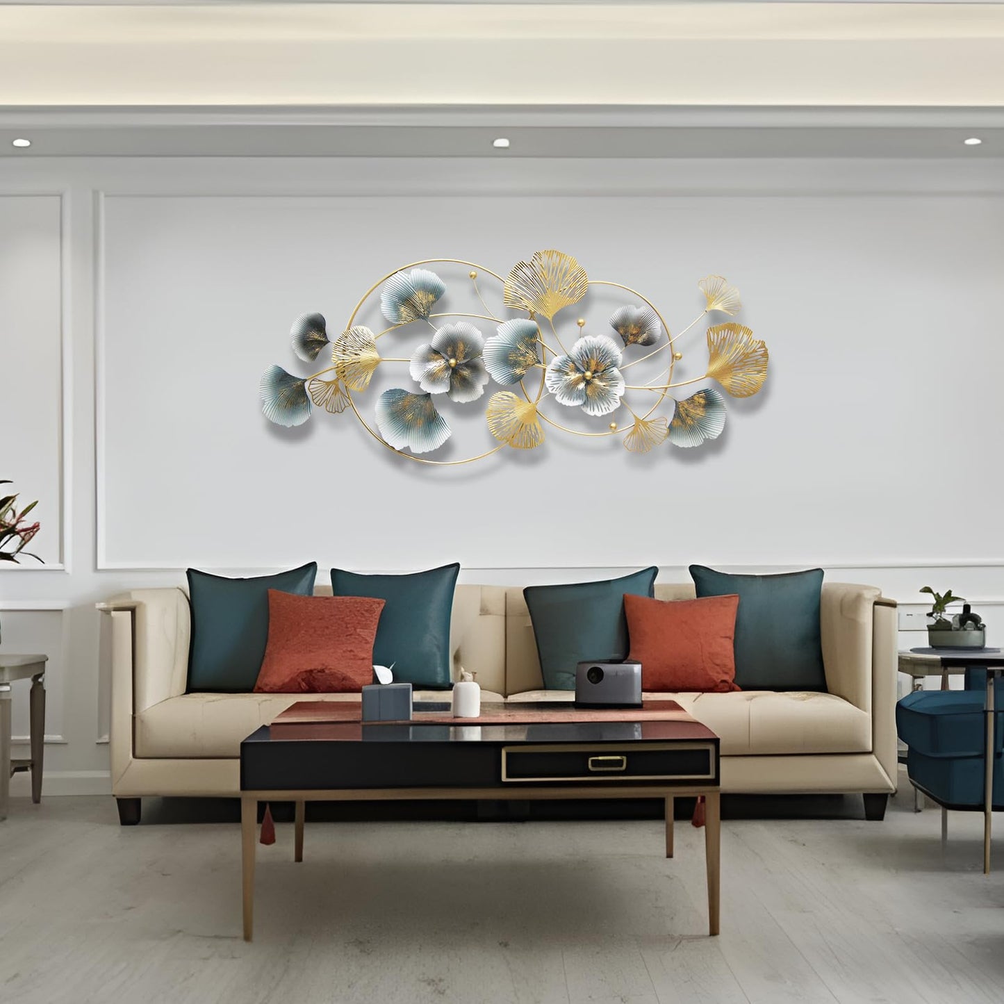 QXSXKJ 3D Metal Wall Art Decor Gold, 59" Large 3d Wall Decor, Modern Ginkgo Leaf Wall Decoration, Adornos Pare Sala Modernos, Hanging Sculptures For Living Room Dining Room Bedroom