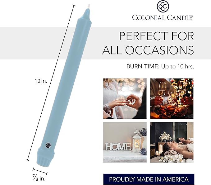 Colonial Candle Unscented Taper Candle, Classic Collection, Wedgewood, 12 in, Pack of 12 - Up to 10 Hours Burn