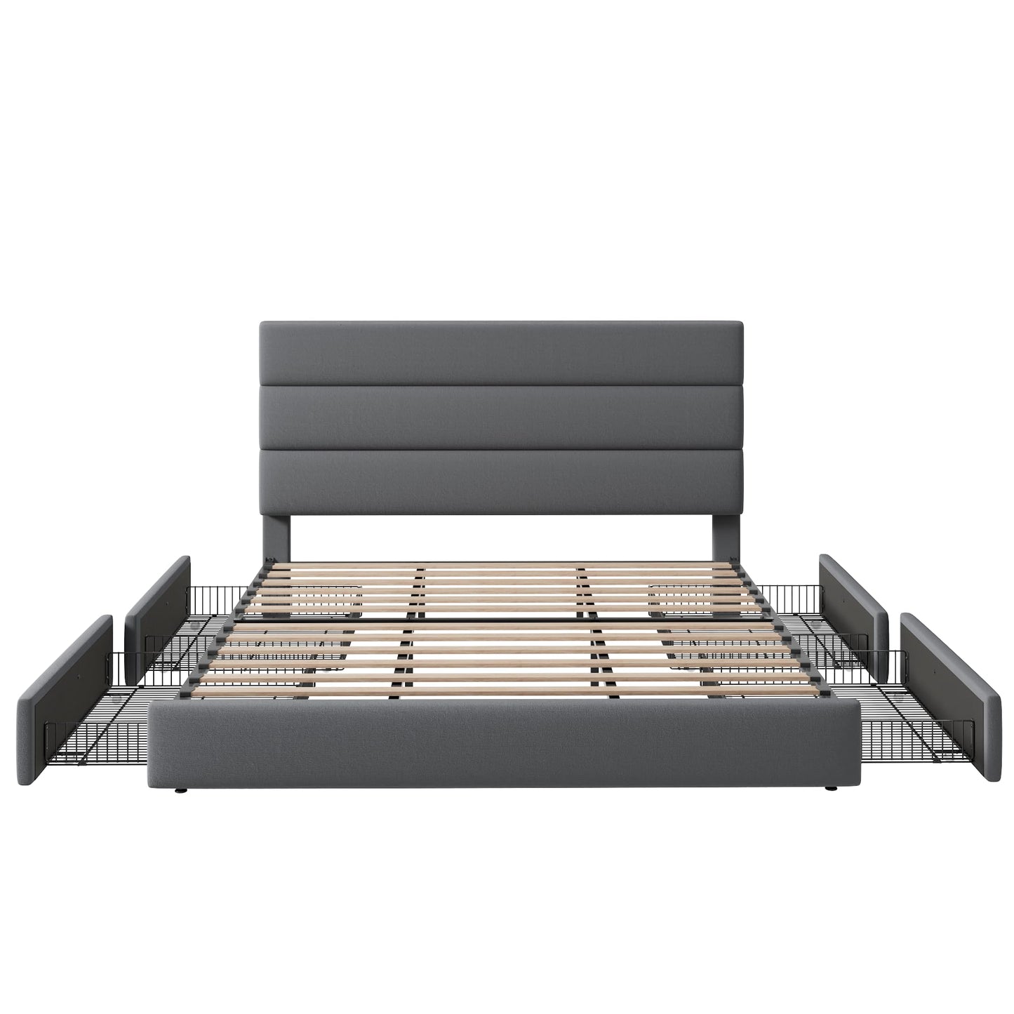 Allewie Modern King Size Platform Bed Frame with 4 Storage Drawers and Velvet Upholstered Headboard, Wooden Slats Support, Upholstered Mattress Foundation/No Box Spring Needed/Easy Assembly, Grey