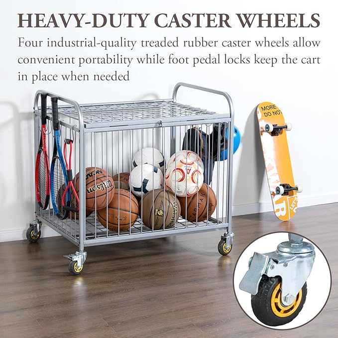 MyGift Large Capacity Metal Rolling Multi Sports Ball Cage Storage Hopper, Gym Equipment Basket Cart with Lockable Latch, Heavy Duty Caster Wheels, and 8 Accessory Hooks