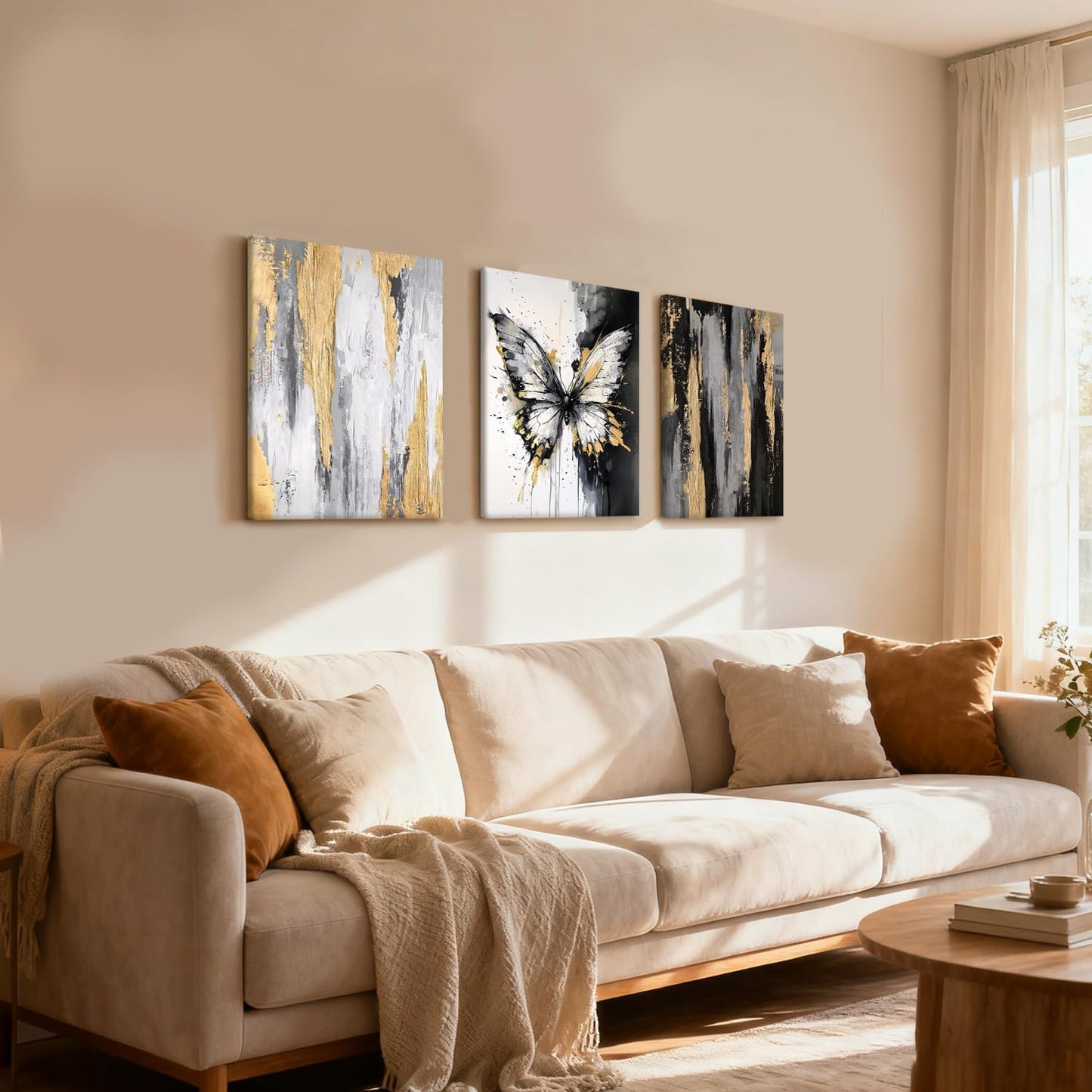 NCCXNCC 3Pcs Abstract Black and Gold Flowing Butterfly Canvas Wall Art Modern Minimalist Wall Decoration Artwork Black and White Abstract Poster Print Suitable for Living Room/Office12x16Inch Framed