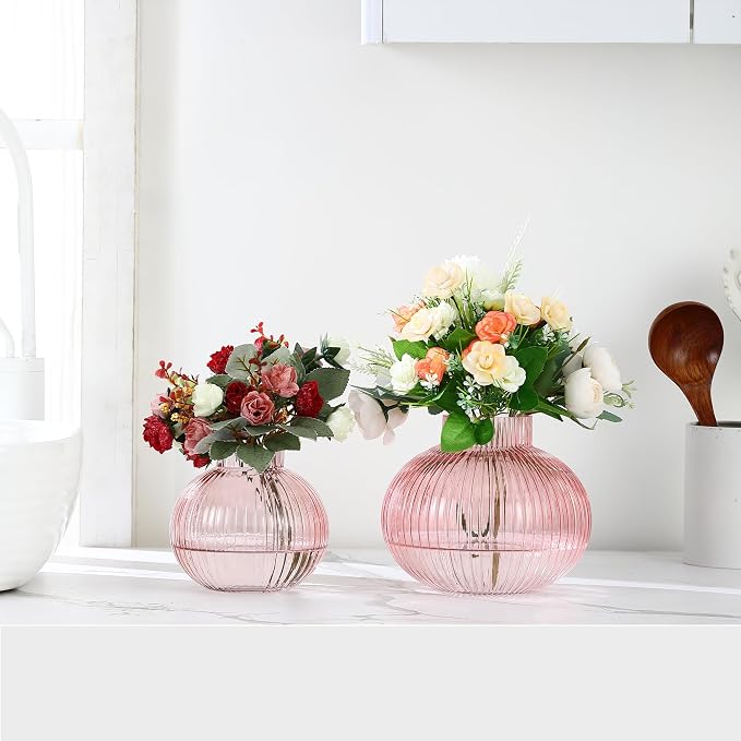 Pink Glass Vases for Tulips, Set of 2, Flower Vases for Bouquet, Ribbed Glass Vase for Flowers, Short Vase for Living Room, Office, Coffee Table, Shelf, Wedding
