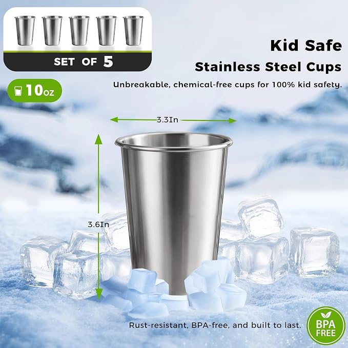 Unbreakable 10 oz Stainless Steel Kids Cups (5 Pack) - BPA-Free Premium Stackable Metal Pint Cups for Home, Outdoor & Children's Daily Use