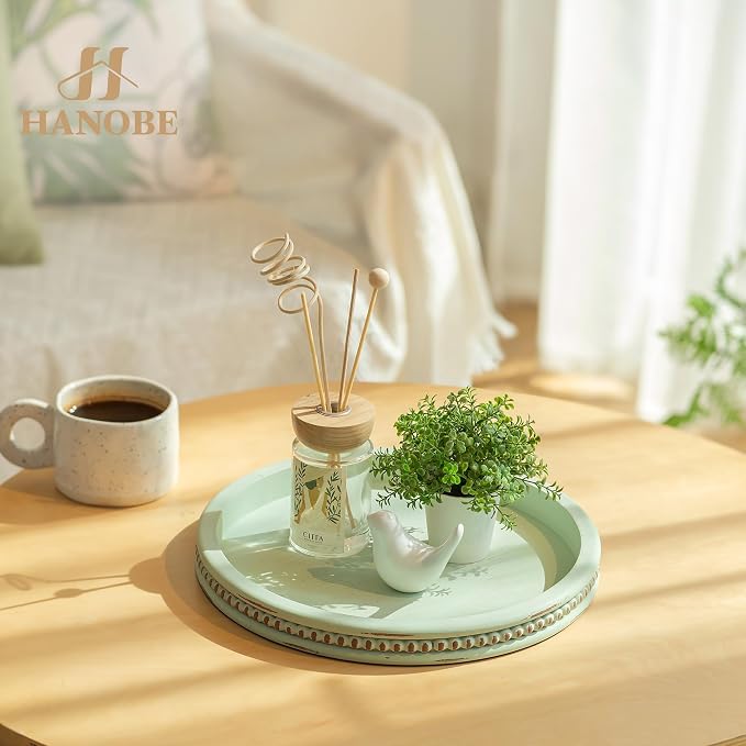Hanobe Sage Green Tray Decor: Round Decorative Tray for Coffee Table Centerpiece - Wooden Candle Plate Holder for Rustic Farmhouse Home Living Room Kitchen Counter