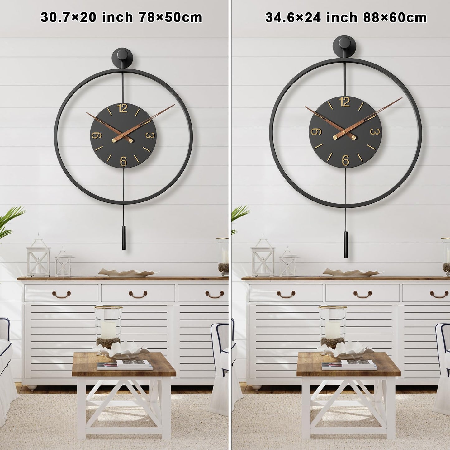 30.7×20 Inch Large Modern Decorative Wall Clocks for Living Room,Big Metal Minimalist 3D Arabic Numeral Dial,Farmhouse Pendulum Wall Clock With Elegant Walnut Pointers for Office,Dining Room Decor