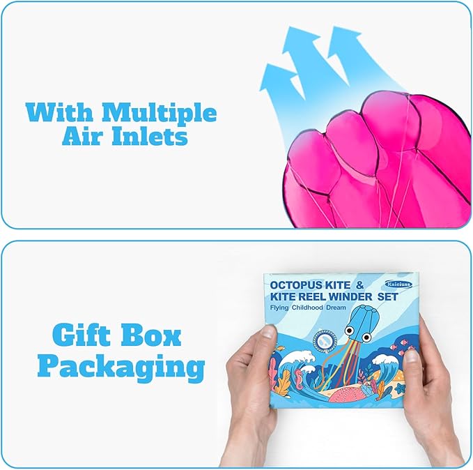 Octopus Kites for Kids & Adults Easy to Fly, 24”x 158” Large Soft Kite Kit for Boys and Girls, Single Line 3D Beach Kite Set for Teens,Perfect for Outdoor Activities